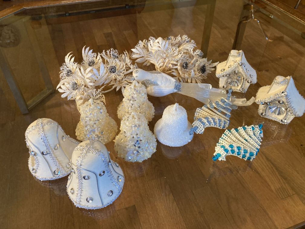 Vintage Christmas Decor Ornament Lot Flocked Styrofoam Foil Sugared Plastic 60s