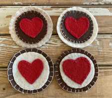 Vintage Valentine Decor Hand Sewn Felt Heart Coasters Set of 4 Red White Brown