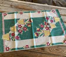 Vintage Linen Cotton Kitchen Dish Towel Potted Flowers Green Screenprint 1950s