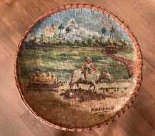 Vintage Scenic Painting On Basket Tropical Agriculture A. Aignacio 1945 Boy Ox Cart