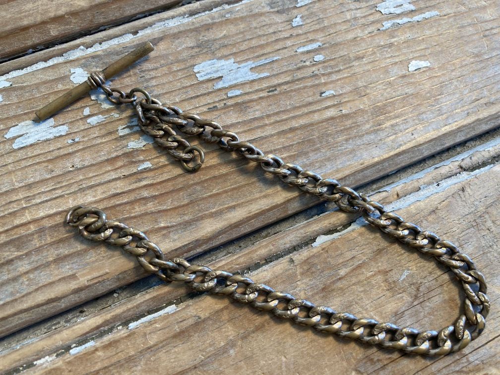Antique Pocket Watch Chain Goldtone Brass 1920s 10-in Albert Missing Clasp and Fob 1920s