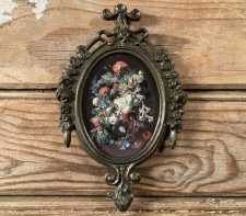 Vintage Miniature Art Print Decorative Metal Frame Italy 1960s 8of8 Flowers in Vase Black