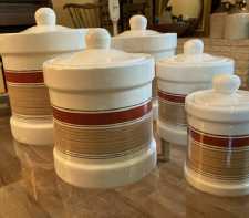 Vintage Mid Century Kitchen Canisters Set 5 Striped Cream Rust Ceramic Jars w- Lids 1960s