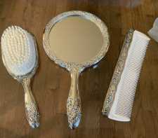 Vintage Silverplated Hair Brush Mirror Comb Vanity Set in Box NOS 1970s 1980s