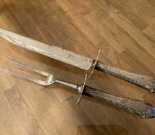 Vintage Silverplate Carving Set 2-Pc Fork Knife Fancy Elegant Cutlery 1940s 1950s