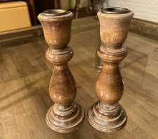 Vintage Pr Turned Wood Candlesticks Dark Maple Brass Cups Felt Bottoms