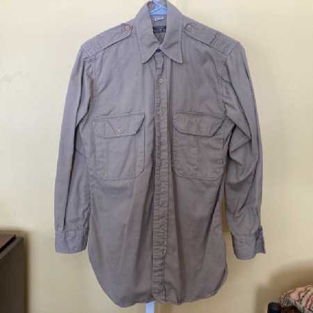 Vintage Regulation Army Officers Shirt Long Sleeve Light Khaki Twill 14-32 Distressed 1940s 1of4
