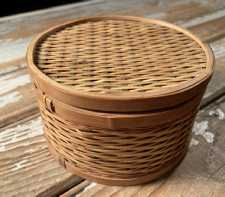 Vintage Woven Reed Trinket Box Small Round Lidded Storage Box Asian Flair 1970s