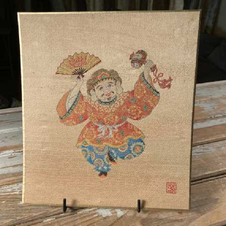 Vintage Chinese Textile Art Silk Brocade Picture Colorful Dancing Jester 10x9