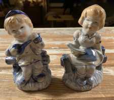 Vintage Pr Blue White Porcelain Figurines Ceramic Boy Playing Music Girl Reading China 1970s