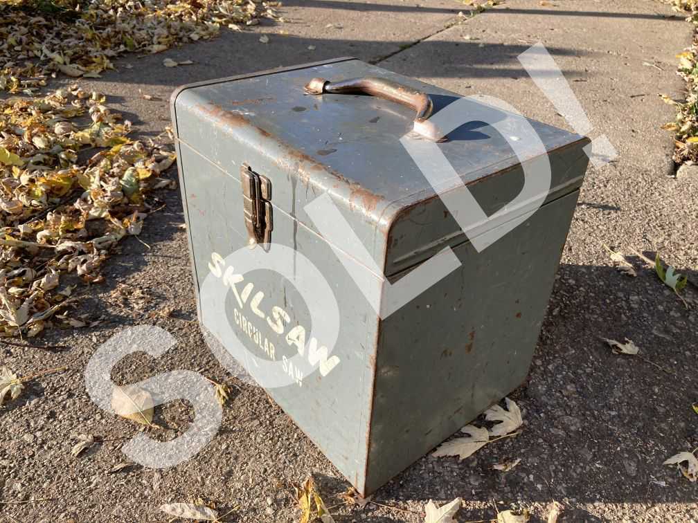Vintage Metal Tool Box Gray Steel Cubic Skilsaw Circular Saw Storage Chest Industrial Décor 13-in
