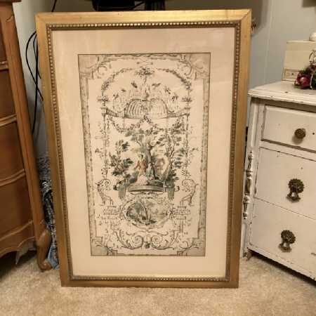 Vintage Framed American Folk Art Print Historical Fraktur Style 1 of 2 --Man, Woman, and Dogs on Hunt