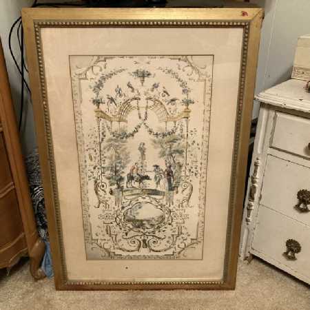 Vintage Framed American Folk Art Print Historical Fraktur Style 2 of 2 -- Grape Harvest Music Dance Drink