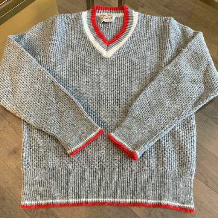Vintage Kid's Sweater Knitted V Neck Pullover Gray White Red 1960s Campus Orlon