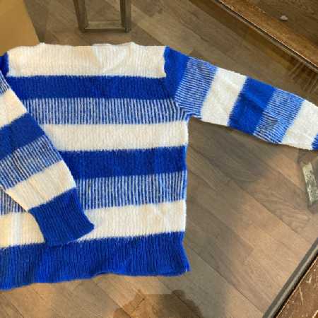 Vintage Kid's Sweater Knitted Boat Neck Pullover Blue White Stripes 1960s Kate Collins Brushed Orlon