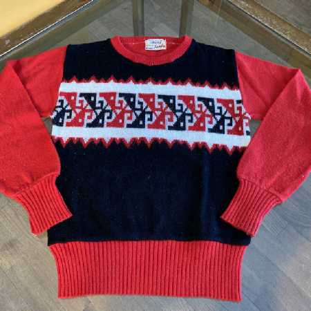 Vintage Kid's Sweater Knitted Crew Neck Pullover Nordic Red Black White 1960s Sarby Orlon