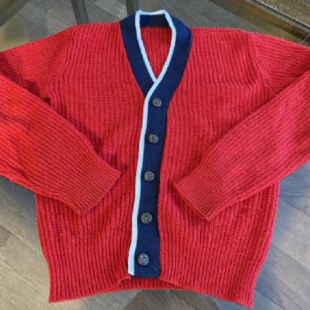 Vintage Kid's Sweater Ribbed Knit Cardigan Red Blue White 1960s Acrylic No Tag
