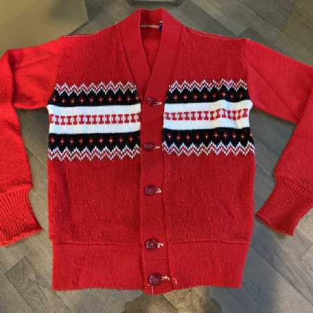 Vintage Kid's Sweater Knitted Cardigan Western Nordic Red White Black 1960s Sarby Orlon