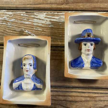 Vintage Pair Ceramic Wall Plaques 3D Pilgrim Puritan Man Woman Head-Dress 1960s