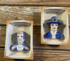 Vintage Pair Ceramic Wall Plaques 3D Pilgrim Puritan Man Woman Head-Dress 1960s