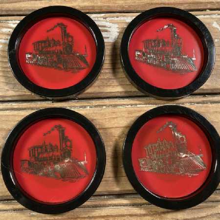 Vintage Mid Century Barware Coasters Set of 4 Trains Black Red Gold Plastic 60s
