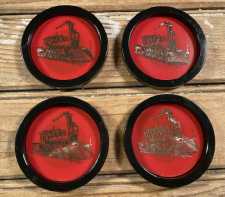 Vintage Mid Century Barware Coasters Set of 4 Trains Black Red Gold Plastic 60s