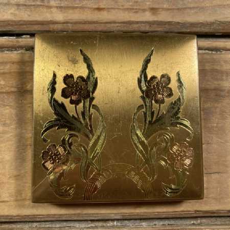 Vintage Powder Compact Colored Engraved Brass Flowers Elgin American USA 1960s