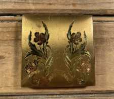Vintage Powder Compact Colored Engraved Brass Flowers Elgin American USA 1960s