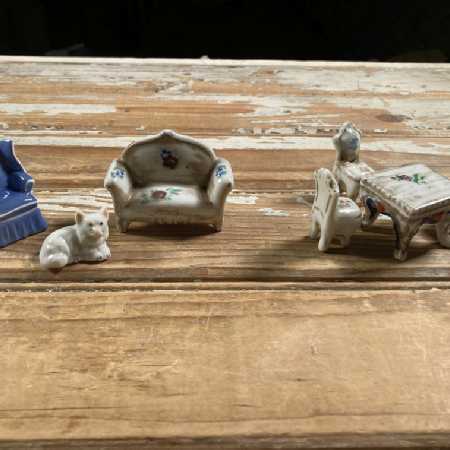 Vintage Miniature Dollhouse Furniture Porcelain Living Dining Room Dog 7-Pc Lot