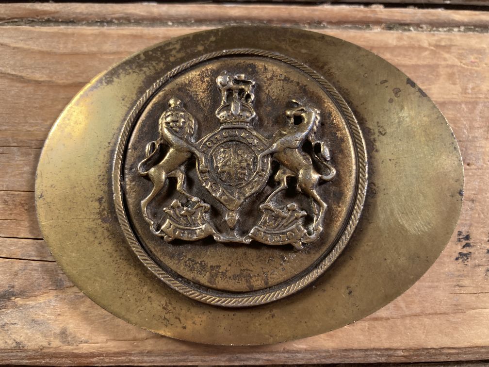 Vintage Metal Belt Buckle Brash Finish Coat of Arms Latin 1970s