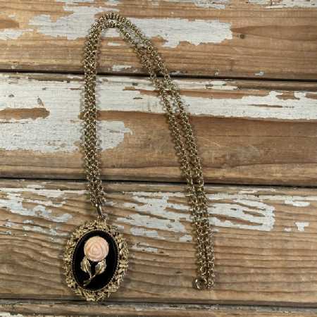 Vintage Avon Jewelry Pendant Necklace Rose Cameo Mirror 30-in Opera Length 1980s
