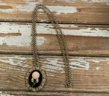 Vintage Avon Jewelry Pendant Necklace Rose Cameo Mirror 30-in Opera Length 1980s