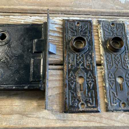 Antique Mortise Lock and Fancy Metal Back Plates Unmarked Eastlake Style 1920s