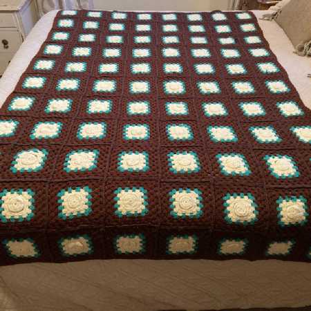 Vintage Crocheted Afghan Throw Blanket Granny Squares Brown Yellow Green 1960s-70s 44x64-in