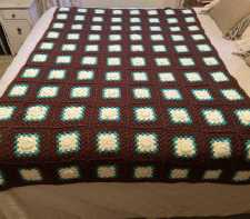 Vintage Crocheted Afghan Throw Blanket Granny Squares Brown Yellow Green 1960s-70s 44x64-in