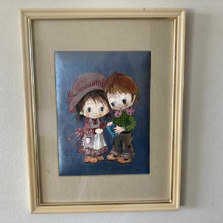 Vintage Child Decor Framed Art Print Metallic Litho Charming Boy Girl Big Eyes Pink Blue 1960s 1970s-Pic1