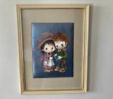 Vintage Child Decor Framed Art Print Metallic Litho Charming Boy Girl Big Eyes Pink Blue 1960s 1970s