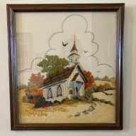 Similar Item 1 - Vintage Framed Crewel Picture On Linen Cotton Old Country Church Pastoral Scene 1970s