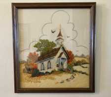 Vintage Framed Crewel Picture On Linen Cotton Old Country Church Pastoral Scene 1970s