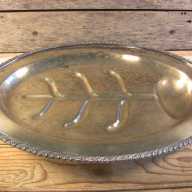 Similar Item 1 - Vintage Silverplate Footed Roast Platter - Silver On Copper w- Juice Well Tree 16Lx12W