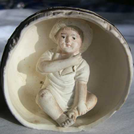 Antique German Bisque Figurine Antique Bisque Piano Baby Boy In Barrel No.7629