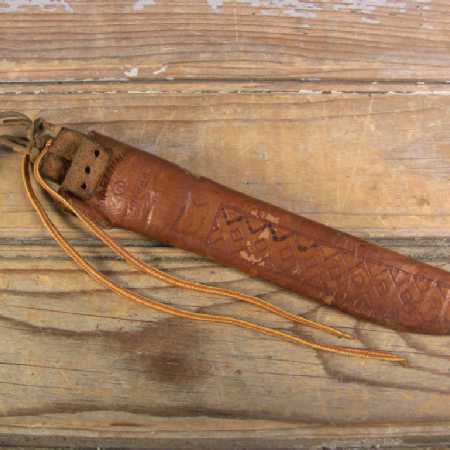 Vintage Tooled Leather Fish Knife Sheath Martiini Finland 8-Inch Long - Writing on Back-Pic1