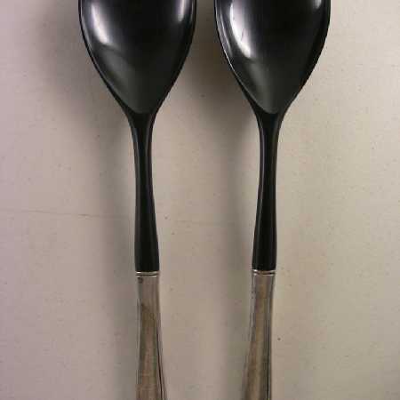 Vintage Mid-Century Black Melamine Silver Plate Salad Serving Set
