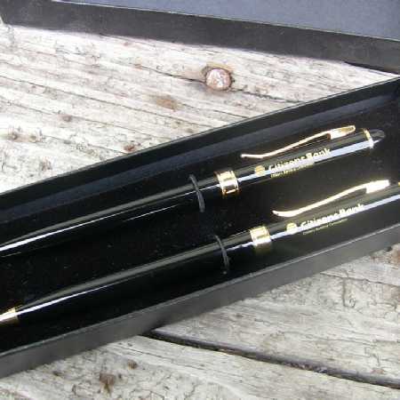 Vintage Advertising Pen Pencil Set Black Gold Citizens Bank Banking Corporation