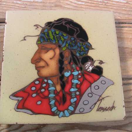 Vintage Ceramic Art Tile Trivet Native American Indian Chief C. Teissedre 1980s 6x6-Pic1