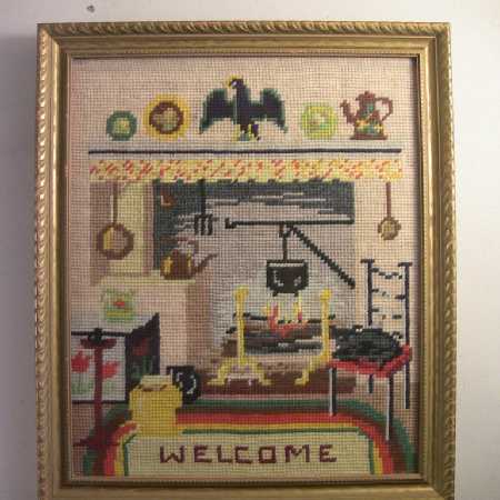 Vintage 1947 Signed Gold Framed Needlepoint Picture Americana Kitchen WELCOME