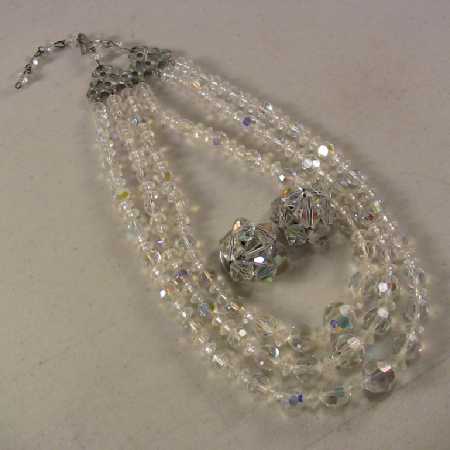Vintage Crystal Jewelry 3-Strand Necklace Clip-On Earrings Aurora Borealis Set