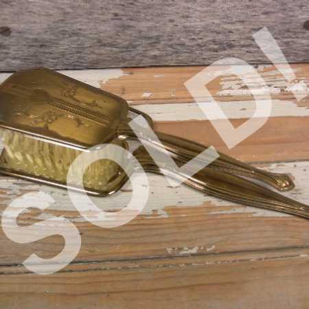 Vintage Mid Century Brass Engraved Vanity Set Hair Brush and Beveled Hand Mirror