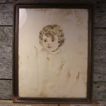 Original Antique Watercolor Painting Toddler with Tossled Curls Signed L. Ray
