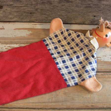 Vintage Spieldorst Puppet Wood Head Painted Face Yarn Hair 1950s Felt Flannel